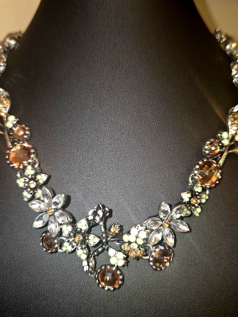 Floral Crystal Statement Necklace in Brown, Green, and Clear - Gorgeous!!